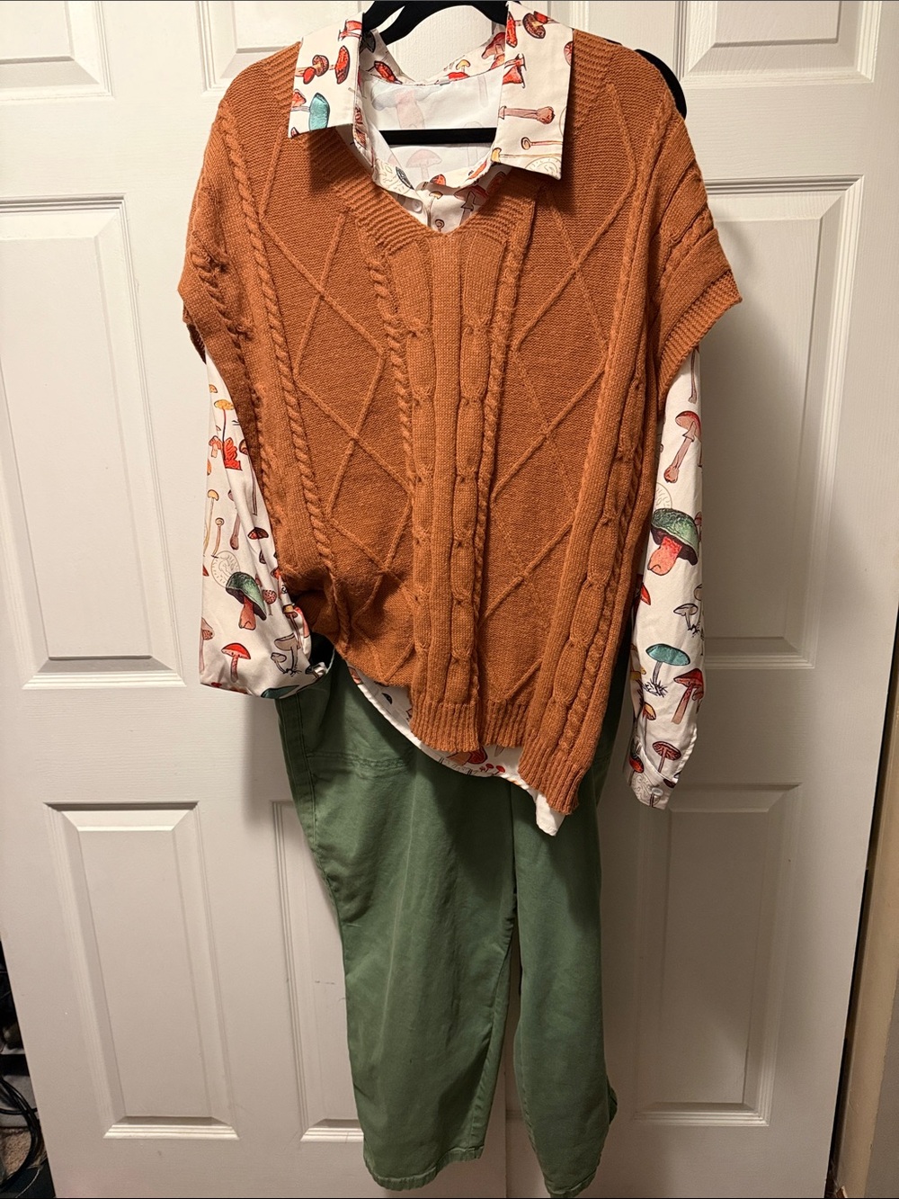 3-piece outfit: Sweater vest, Mushroom Print button-up and Torrid green pant